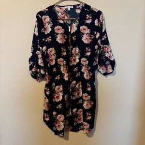 Stella Tweed Navy Blue Pink Peony Floral Zip Roll-tab Sleeve Dress, Size Medium